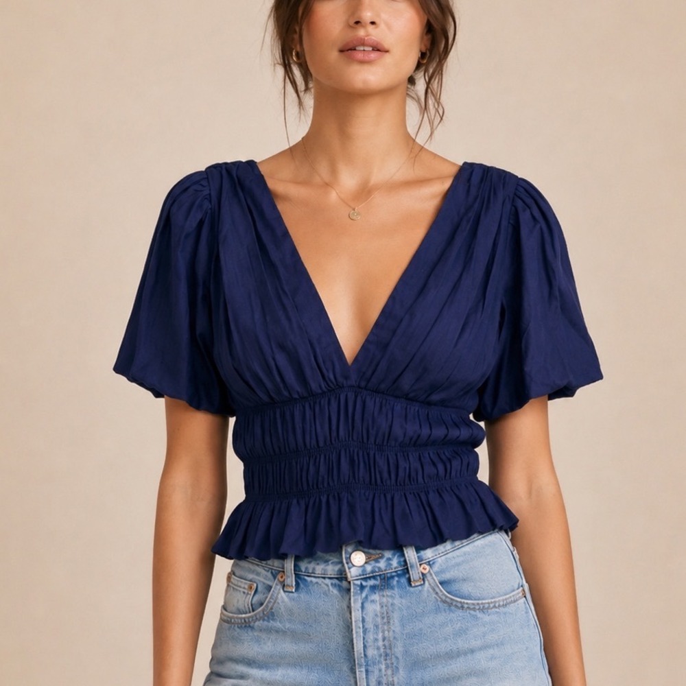 Posse Asher Top Women's XS Blue Puff Sleeve Smocked Peplum V Neck Cotton Boho